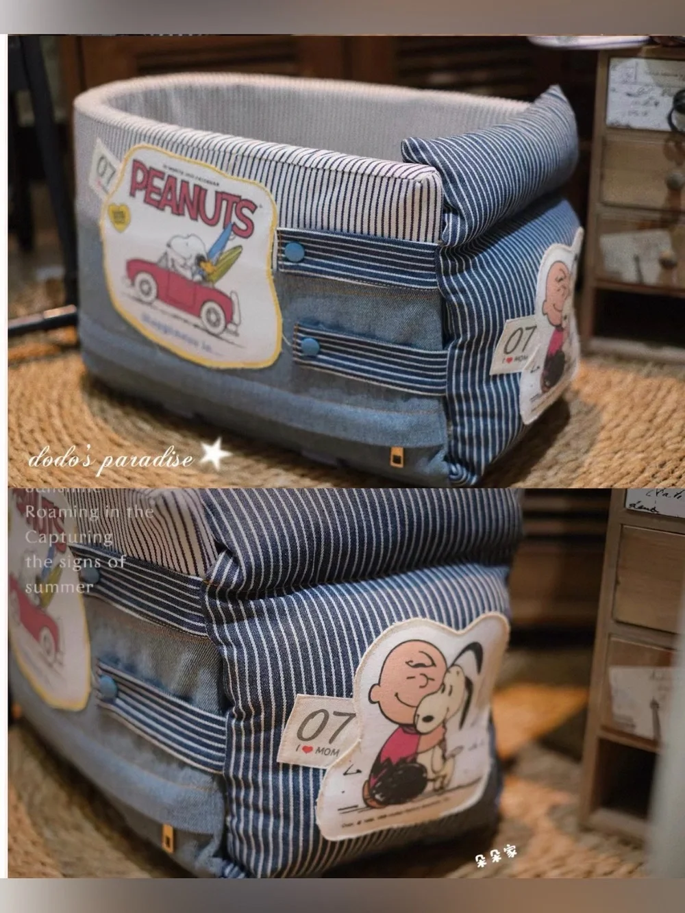 Peanuts Snoopy & Charlie Brown Denim Dog Car Seat Bed Pet Booster dog carrier